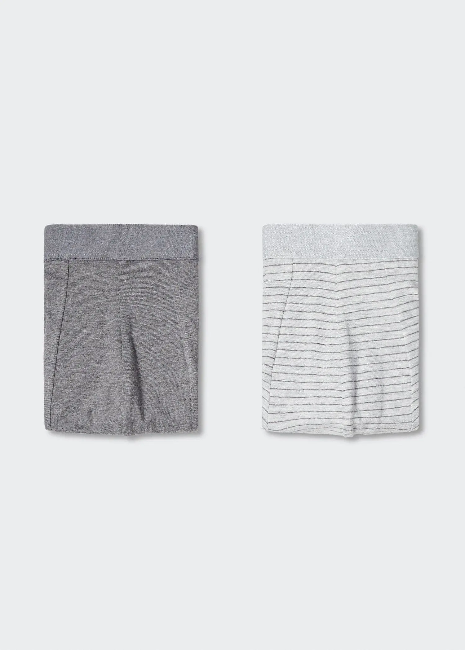 Mango Basic boxer 2 pack. a pair of gray and white striped boxers. 