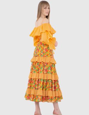 High Waist Crispy Patterned Contrast Fabric Long Orange Skirt