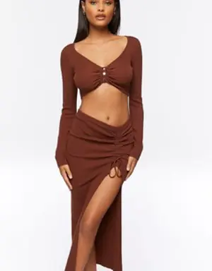 Forever 21 Ruched Crop Top &amp; Leg Slit Midi Skirt Set Cocoa