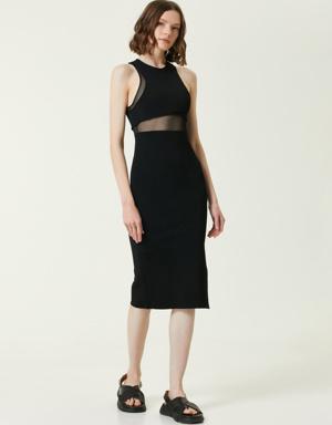 Siyah Transparan Detaylı Midi Elbise