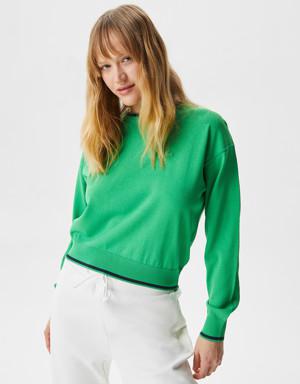 Kadın Regular Fit Gömlek Yaka Çizgili Yeşil Triko