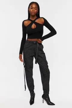 Forever 21 Forever 21 Pinstripe Belted Cargo Pants Black/White. 2