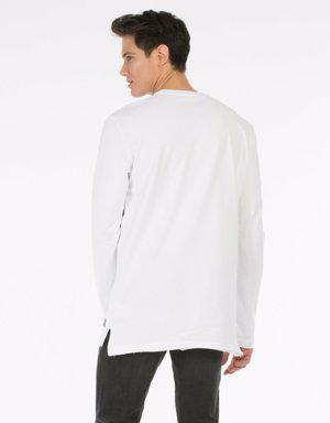 Beyaz Baskılı Uzun Kol Sweatshirt