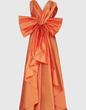 With Bow Tie Detailed Front Short Back Long Coral Evening Dress