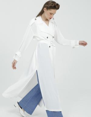 Comfortable Cut Ecru Trench Coat with Slits in the Form of a Kimono