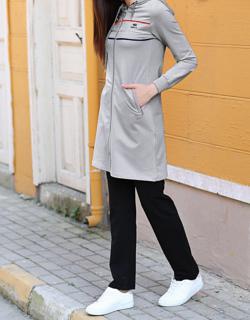 Gri Melanj - Lacivert Kapüşonlu Fermuar Cepli Rahat Form Klasik Paça Kadın Eşofman Tunik Takım - 95131