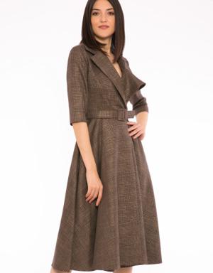 Plaid And Asymmetrical Collar Detailed Midi Brown Dress