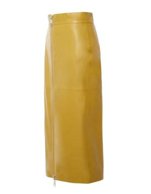 Yellow Leather Midi Length Skirt With Front Middle Zipper