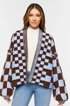 Forever 21 Forever 21 Chunky Checkered Cardigan Sweater Coffee/Blue. 2