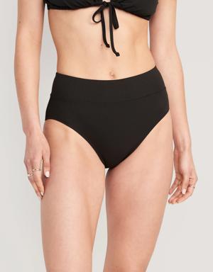 High-Waisted Banded Rib-Knit Bikini Swim Bottoms for Women black