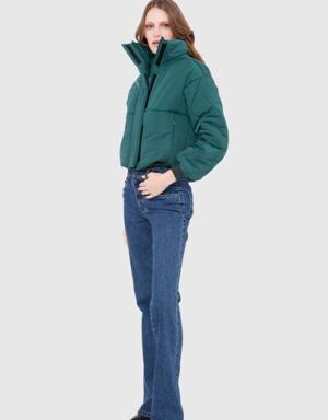 Embroidered Back Short Inflatable Green Coat