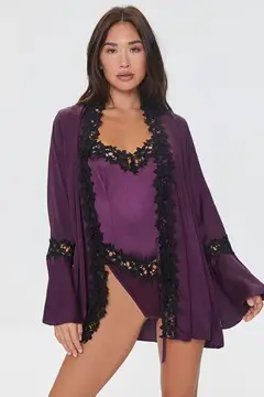 Forever 21 Forever 21 Floral Lace Trim Satin Lingerie Robe Purple. 2
