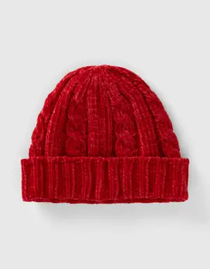 chenille hat with cable knit