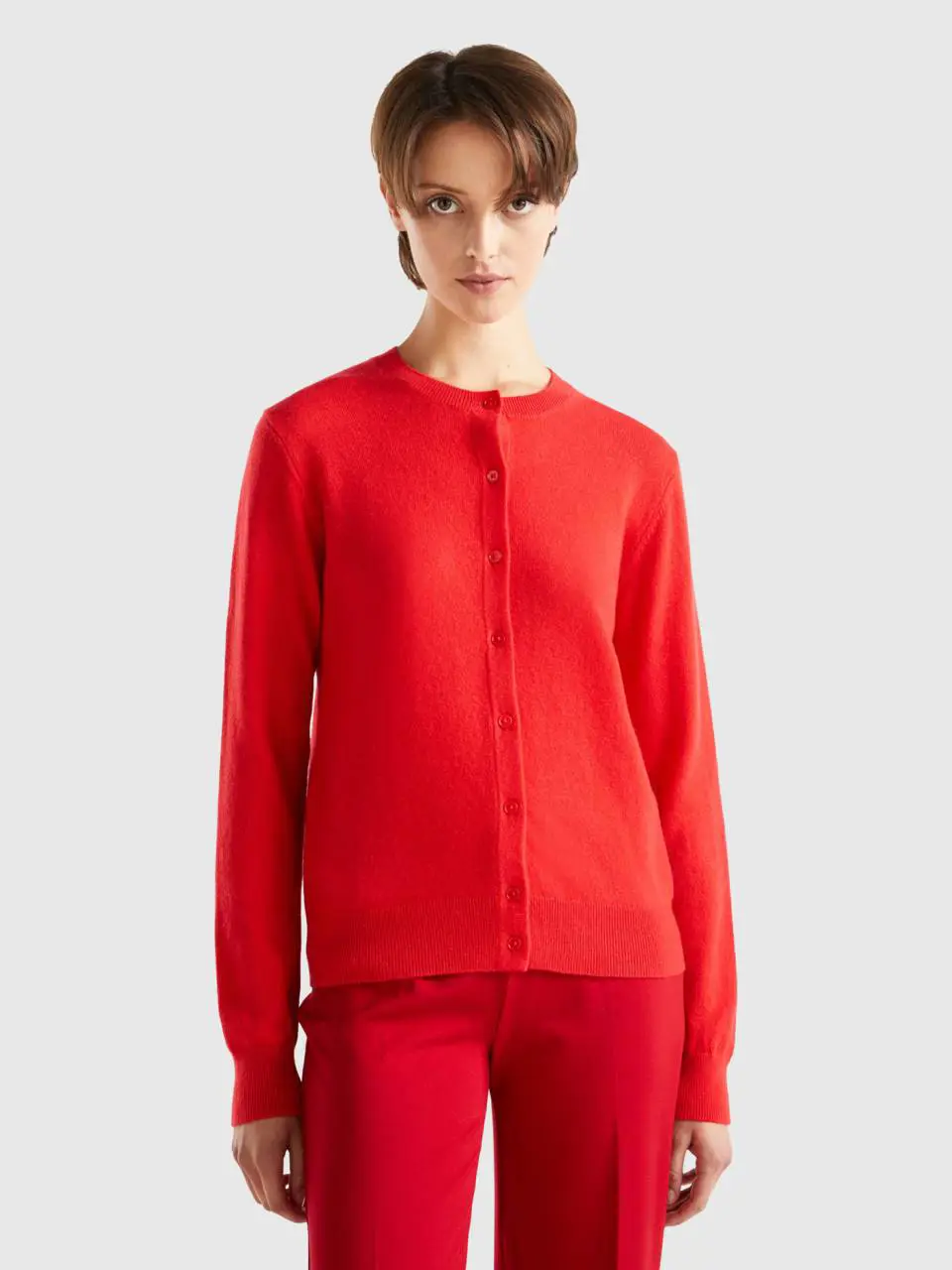 Benetton coral red cardigan in pure cashmere. 1