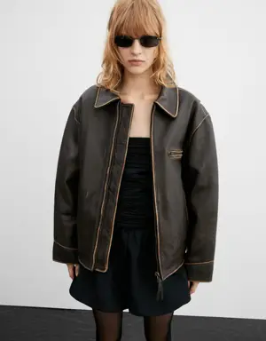 Oversized worn-effect leather jacket