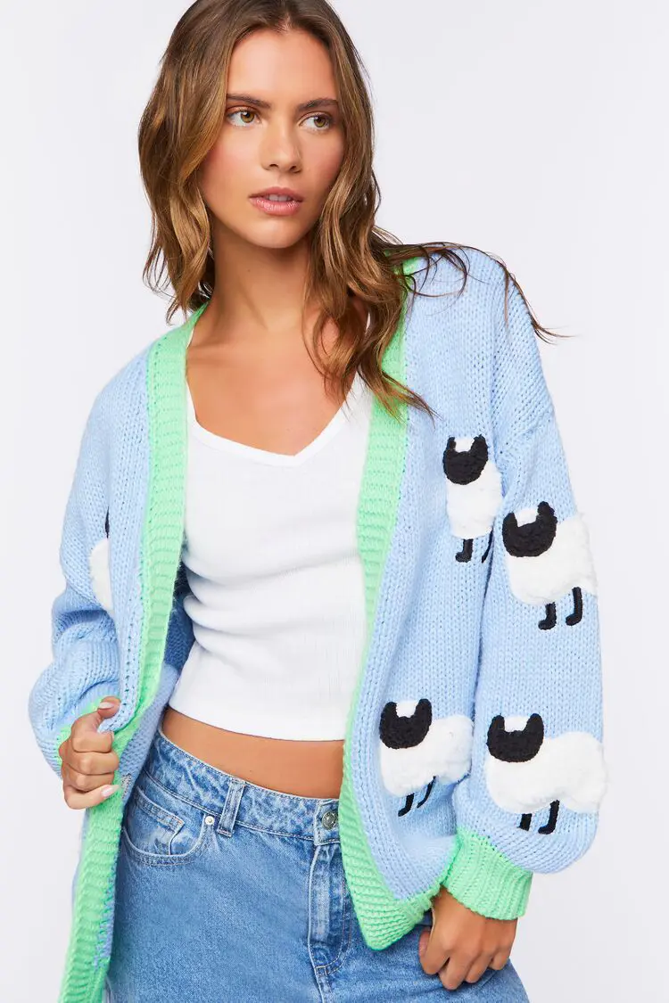 Forever 21 Forever 21 Sheep Embroidered Cardigan Sweater Light Blue/Multi. 1