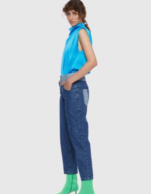 Belt and Pocket Detailed Comfortable Fit Navy Blue Washed Jeans