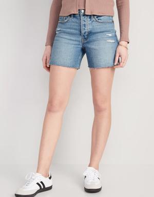 High-Waisted Button-Fly OG Straight Ripped Side-Slit Jean Shorts for Women -- 5-inch inseam blue