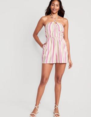 Striped O-Ring Halter Romper for Women -- 3.5-inch inseam pink