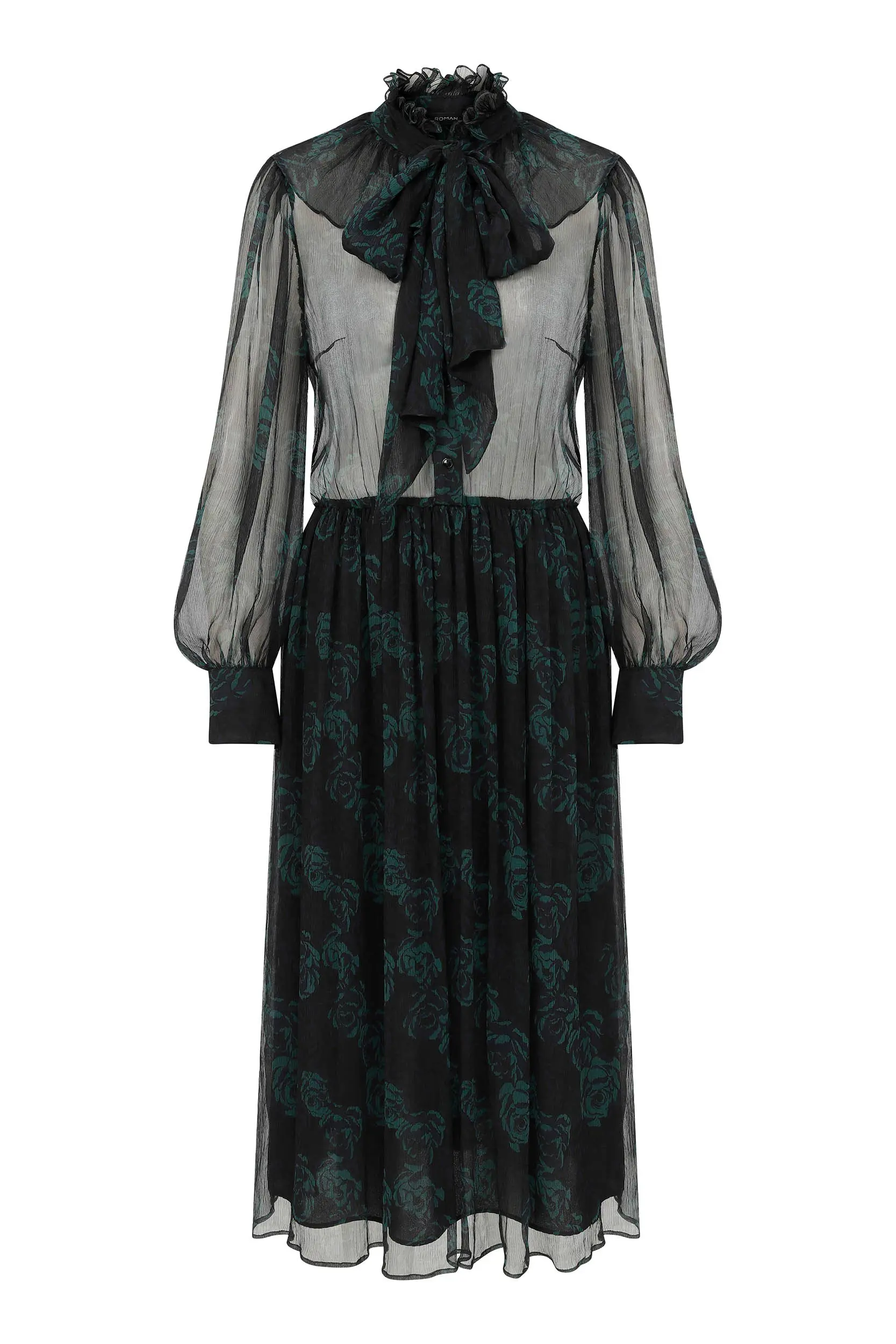Roman Black Floral Print Flare Dress with Bow - 4 / ORIGINAL. 1