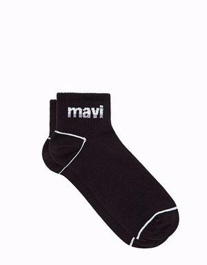 Logo Baskılı Siyah Soket Çorap