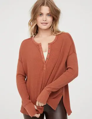 American Eagle By Aerie Wow! Waffle Henley T-Shirt. 1