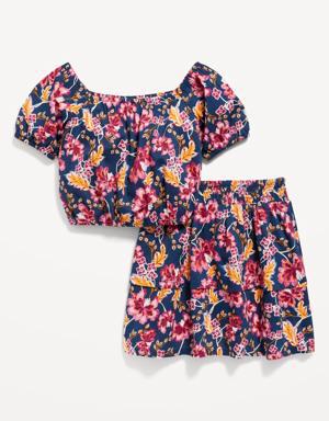 Printed Cropped Puff-Sleeve Top & Tiered Skirt Set for Girls blue