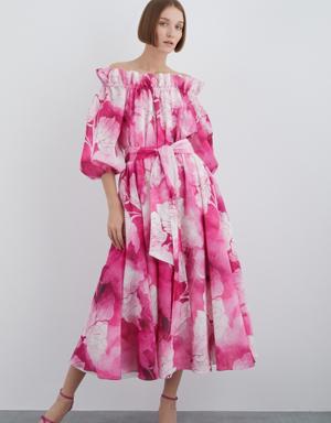 Pink Dress with Boat Neck Belt and Floral Pattern