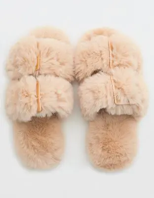 American Eagle Fuzzy Double Strap Slippers. 1