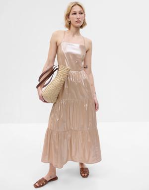 Metallic Tie-Back Tiered Maxi Dress gold