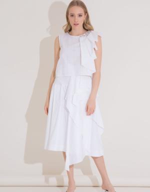 Ruffle Detailed Layered Midi Length White Poplin Skirt