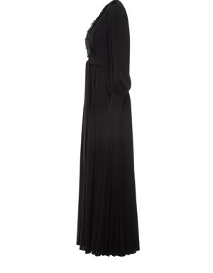 Embroidered Pleated Black Dress With Collar Detail