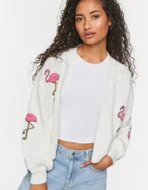 Forever 21 Flamingo Embroidered Cardigan Sweater Vanilla/Multi