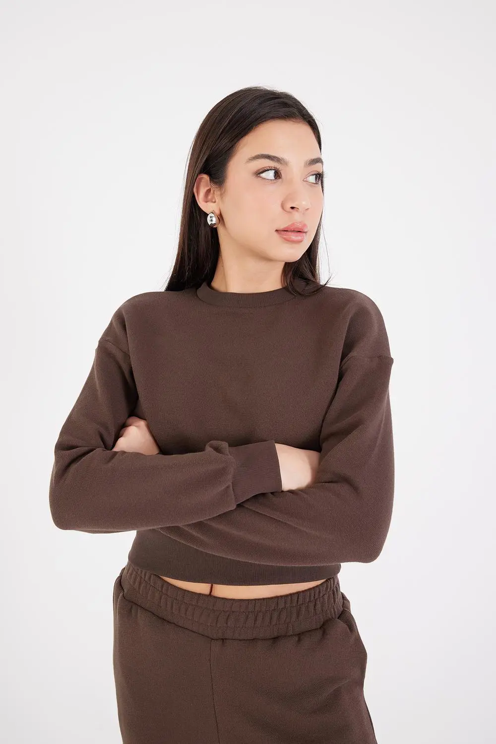 Addax Bisiklet Yaka Basic Crop Sweatshirt. 1