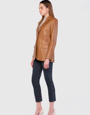 Leather Double Button Blazer Tan Jacket