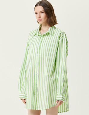 Yeşil Çizgili Mini Gömlek Elbise