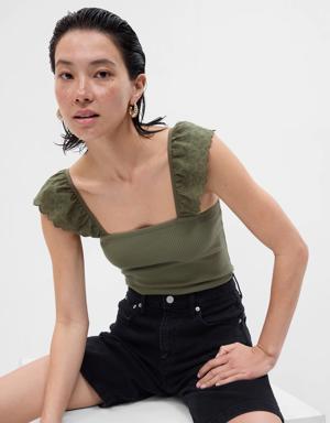 Gap Rib Eyelet Flutter Sleeve Tank Top green