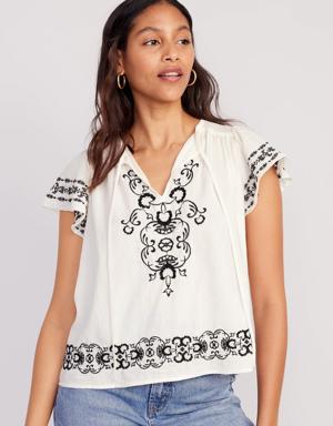 Matching Embroidered Flutter-Sleeve Top for Women white
