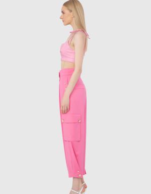 Metallic Button Detailed Cargo Relaxed Cut Pink Trousers