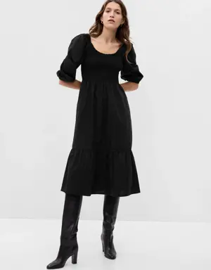 Puff Sleeve Smocked Midi Dress black