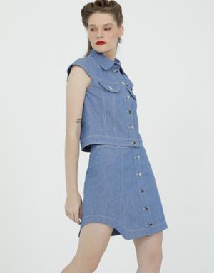 Blue Mini Skirt With Buttons On The Front With Side Window Detail