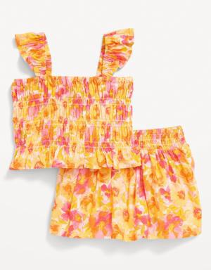 Matching Printed Sleeveless Smocked Top & Skirt Set for Baby pink