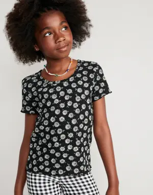 Printed Rib-Knit Lettuce-Edge T-Shirt for Girls black