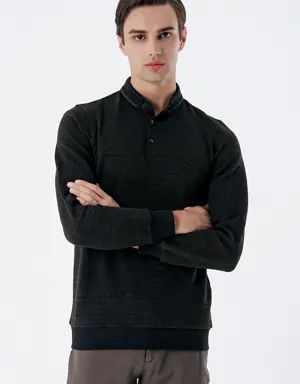Koyu Haki Uzun Kollu Desenli Örme Polo Yaka Likralı Casual Comfort Fit Sweatshirt 1013235106