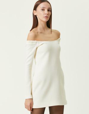 Beyaz Düşük Omuzlu Mini Yün Elbise