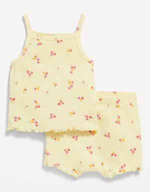 Printed Rib-Knit Lettuce-Edge Cami & Shorts Set for Baby yellow