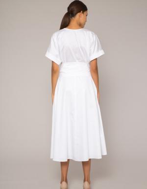 Applique Embroidered, Sash Detailed White Poplin Dress