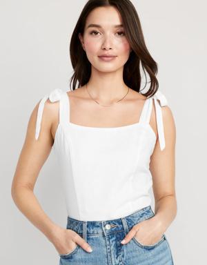 Fitted Linen-Blend Tie-Shoulder Cropped Corset Cami Top for Women white