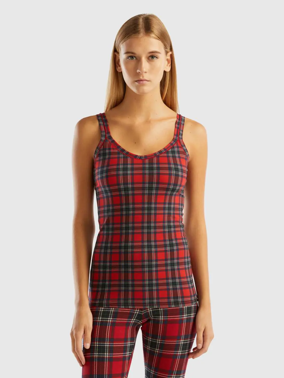 Benetton red tartan tank top in super stretch organic cotton. 1