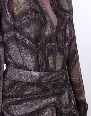 Glittery Snake Pattern Chiffon Deep V Neck Midi Length Dress